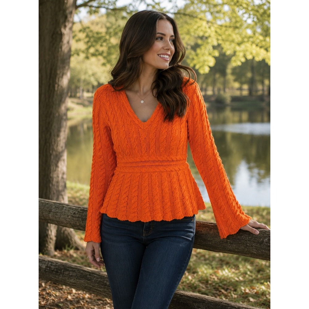 Moda International Peplum Sweater Womens S Orange Cable Knit Wool Blend V-Neck